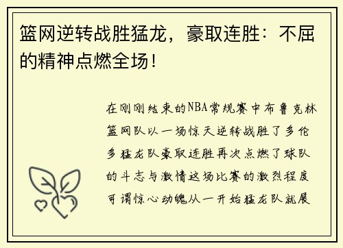 篮网逆转战胜猛龙，豪取连胜：不屈的精神点燃全场！